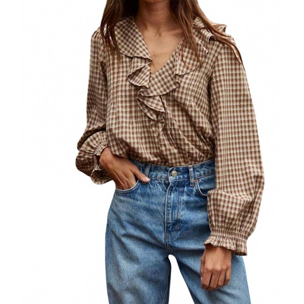 NEW BY TOGETHER woven cotton gingham ruffled blouse in brown